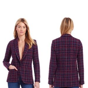 Amanda Uprichard Women’s Shawl Collar Red Tweed Plaid Blazer Jacket Old Money L